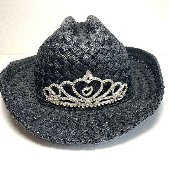Black Straw Girls Rodeo Cowboy Hat W/ Tiara Elastic Band Inside comfort fit - Picture 3 of 8